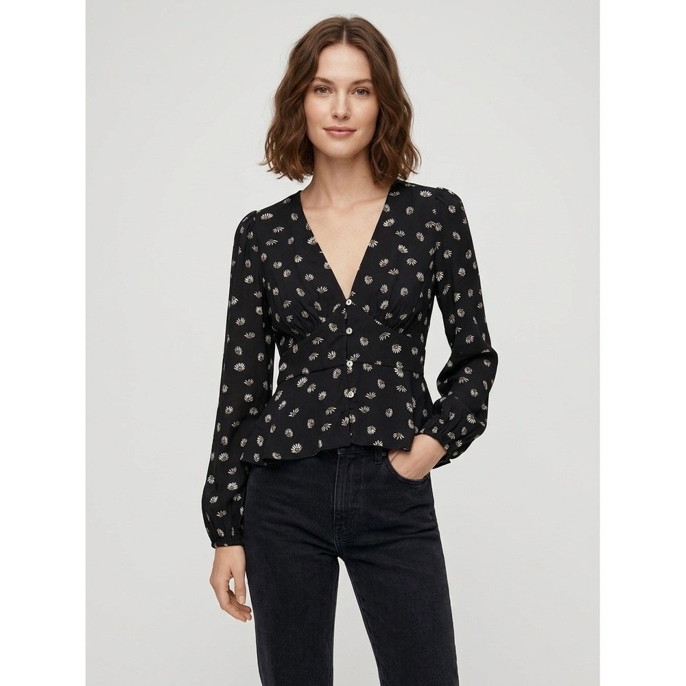 Wilfred Aritzia Daisy Print V-Neck Button Front Peplum Blouse Black XXS